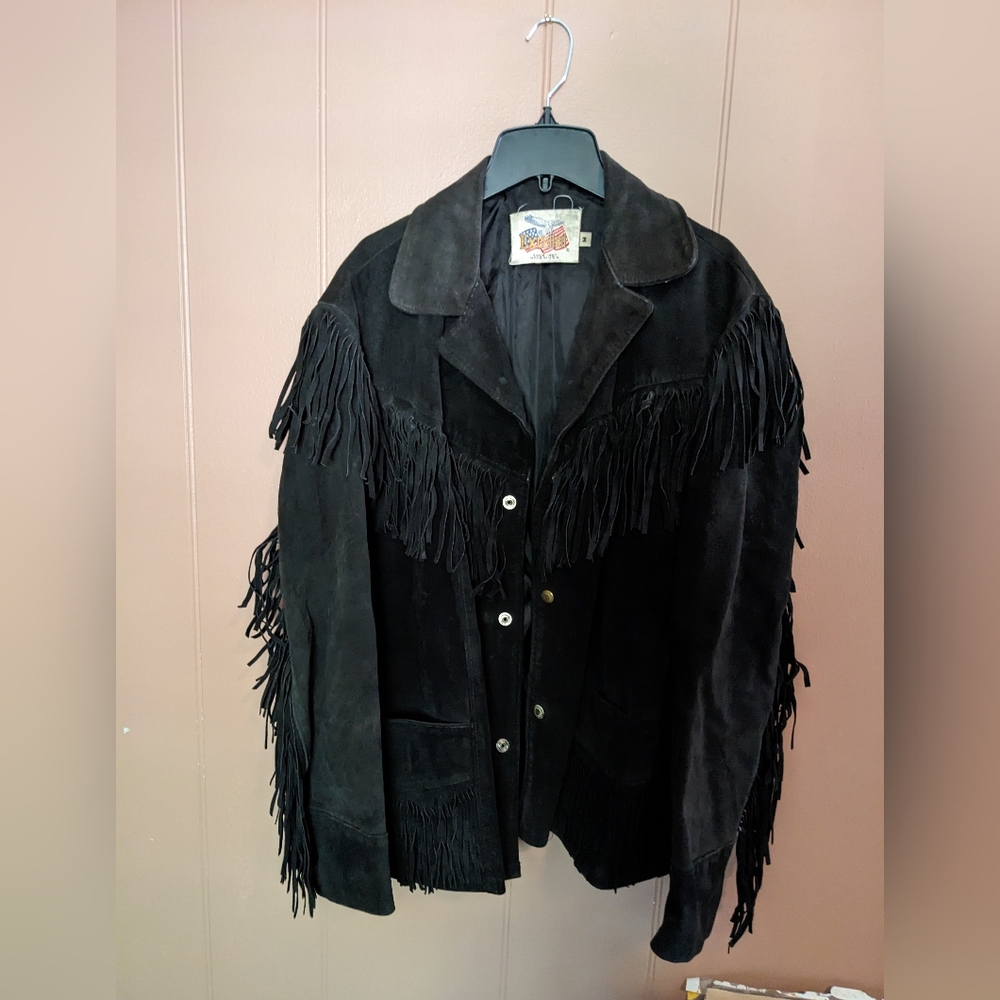 Vintage black suede leather fringe jacket
